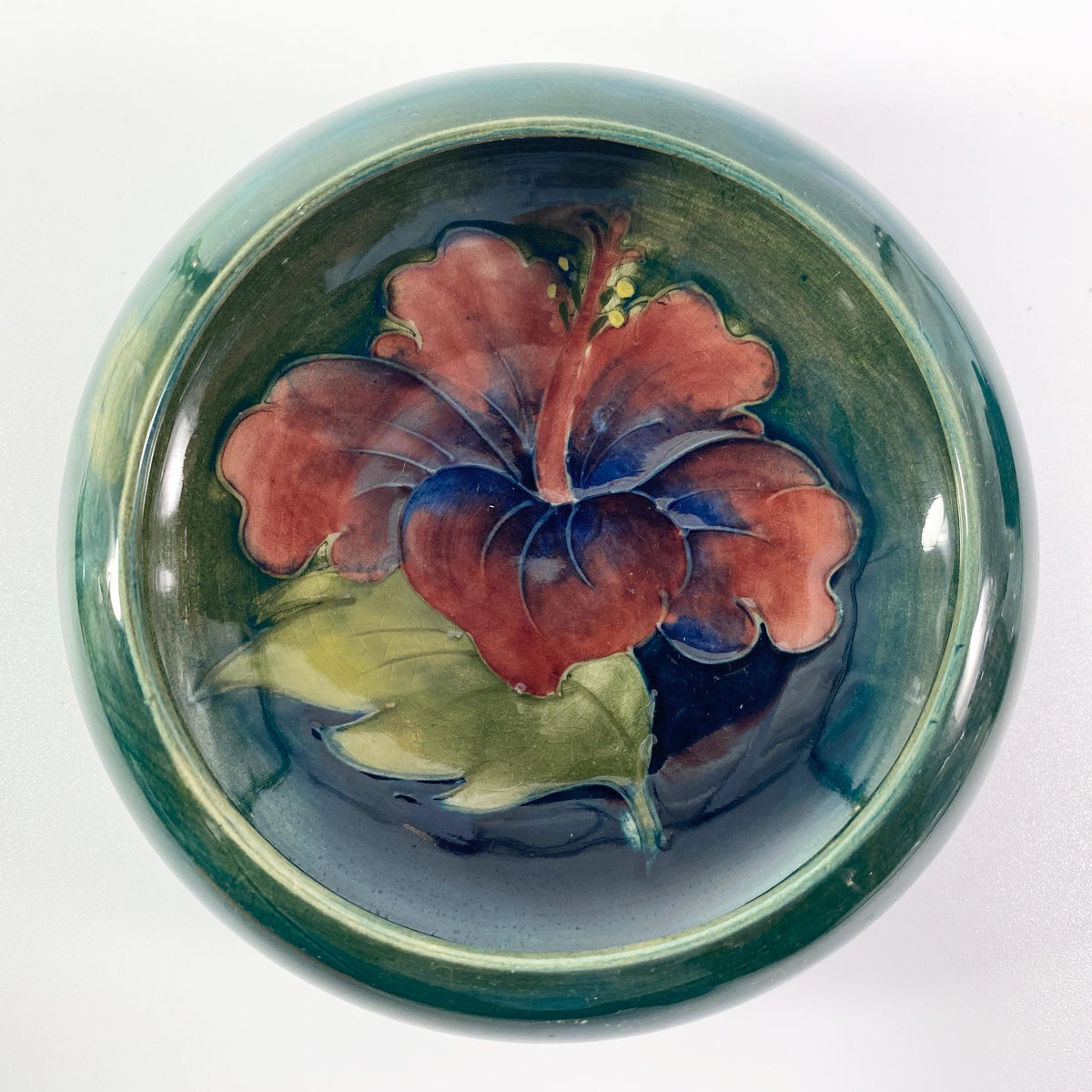 Moorcroft Art Pottery Round Floral Flower Bowl Green  Gloss Signed RARE !!