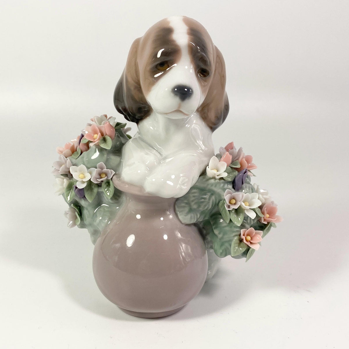 RARE !! Lladro Take Me Home Sad-Eyed Puppy Dog Flowers Glossy Figurine #6574