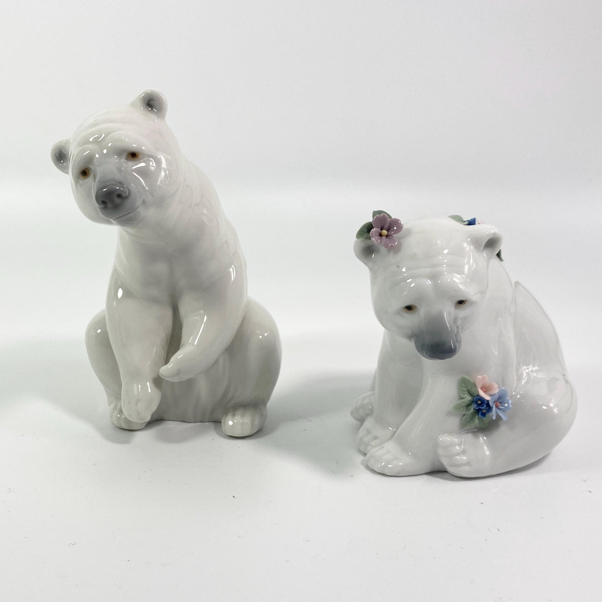 Lladro #6355 Polar Bear with Flowers & sitting Polar Bear Porcelain Figurines