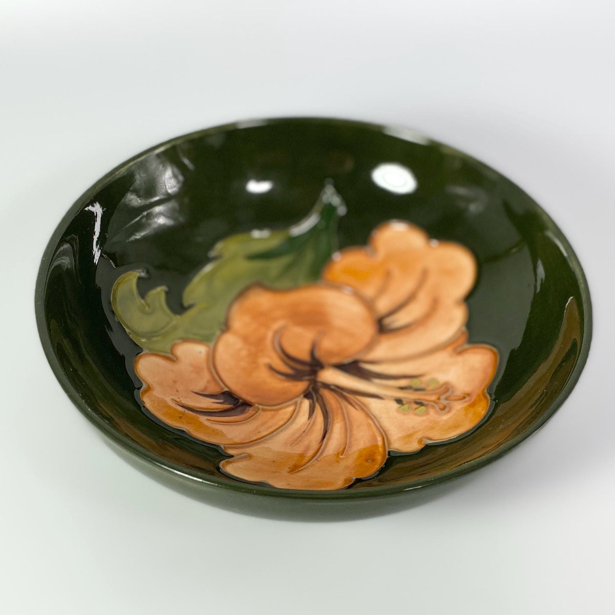 Moorcroft Hibiscus Bowl Green  Hand Painted  Vintage England