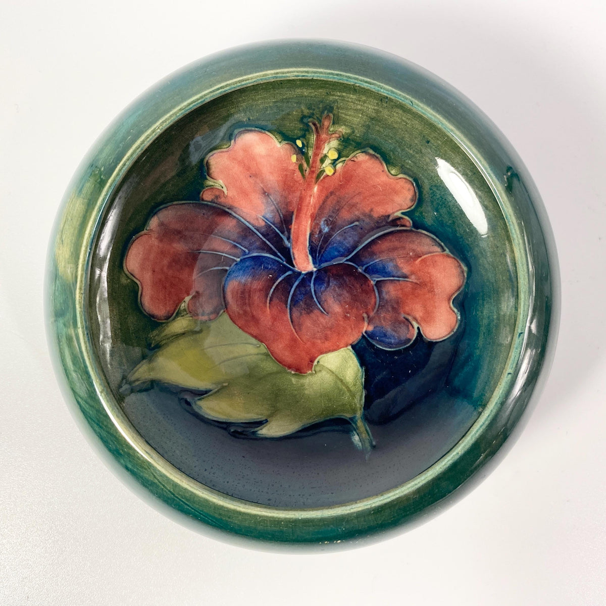 Moorcroft Art Pottery Round Floral Flower Bowl Green  Gloss Signed RARE !!