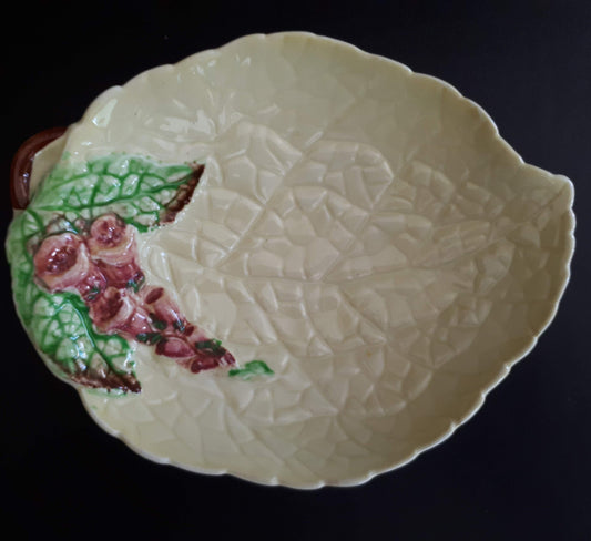 Vintage Carlton Ware leaf shaped yellow dish with a purple fox glove flowers