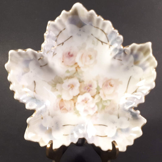 Vintage Leuchtenburg (Green Mark) Germany Porcelain Leaf Dish, White and Pink Fl