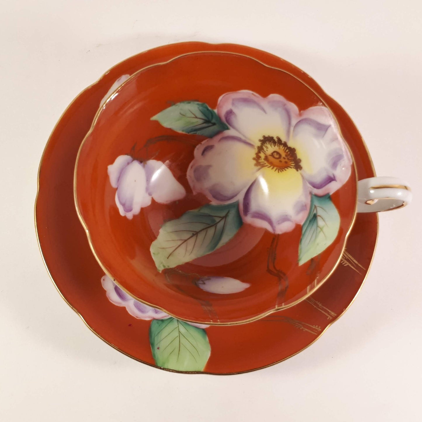 RARE !! Kyokuto Orange teacup and saucer with large flower Japan