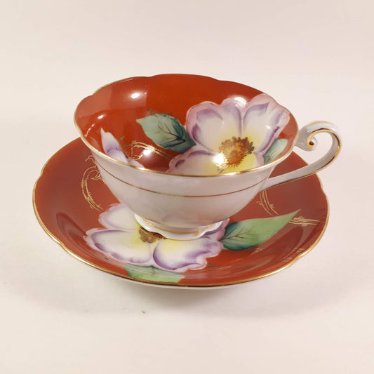 RARE !! Kyokuto Orange teacup and saucer with large flower Japan