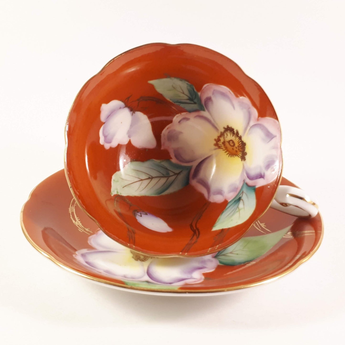 RARE !! Kyokuto Orange teacup and saucer with large flower Japan