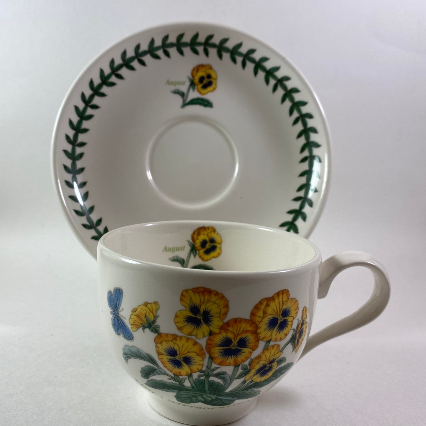 Portmeirion Botanic Garden Viola wittrockiana Pansy August month Cup and Saucer